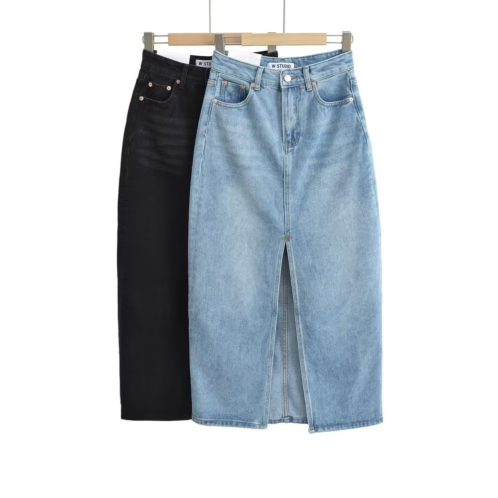 ZAVIERA: Falda Denim Midi con Abertura Frontal