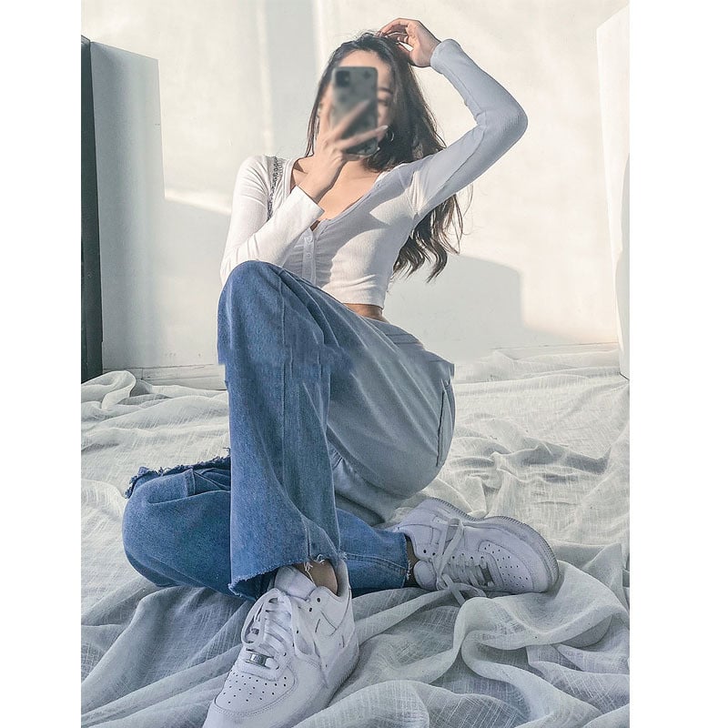 Vaqueros rectos, sueltos, deshilachados y con degradado de cintura alta para mujer