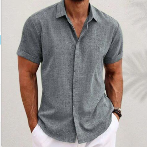 OLIVER: Camisa de Manga Corta de Lino y Algodón con Cuello Mao