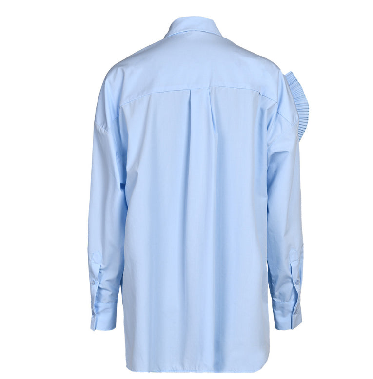 Camisa de cuello polo de manga larga holgada de primavera y verano para mujer con flores grandes plisadas