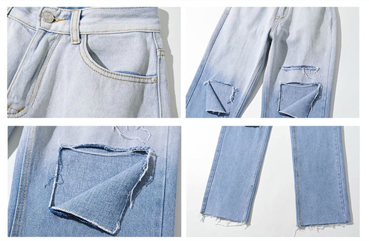 Vaqueros rectos, sueltos, deshilachados y con degradado de cintura alta para mujer