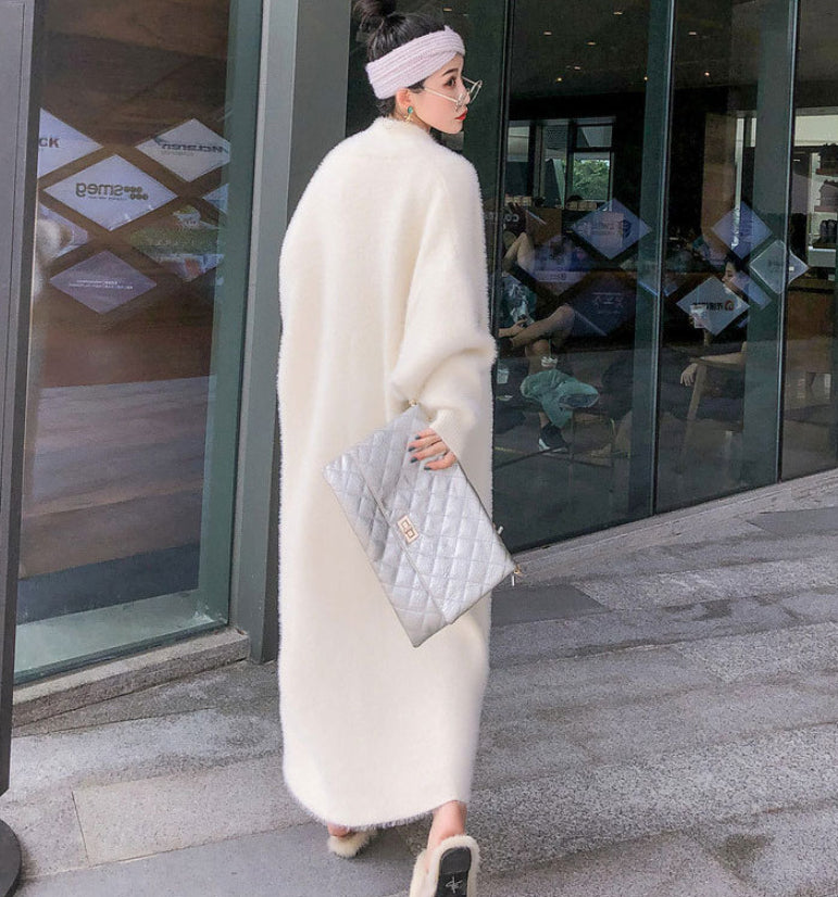 Chaqueta tipo cárdigan de punto grueso de temperamento extra largo de estilo perezoso para mujer