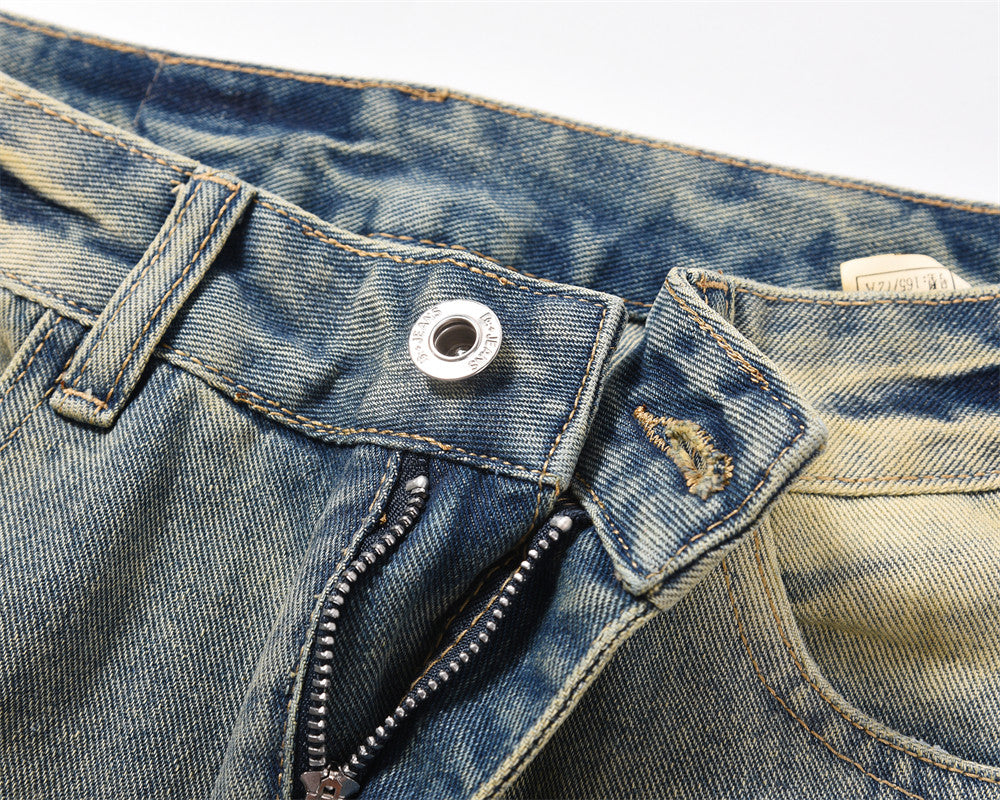 Pantalones rectos de mezclilla desgastados con rayones para hombre