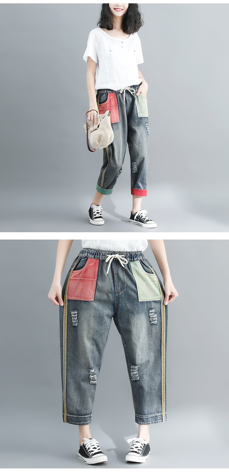 Pantalones vaqueros desgastados con contraste artístico de color, holgados e informales, para mujer, a juego con todo.