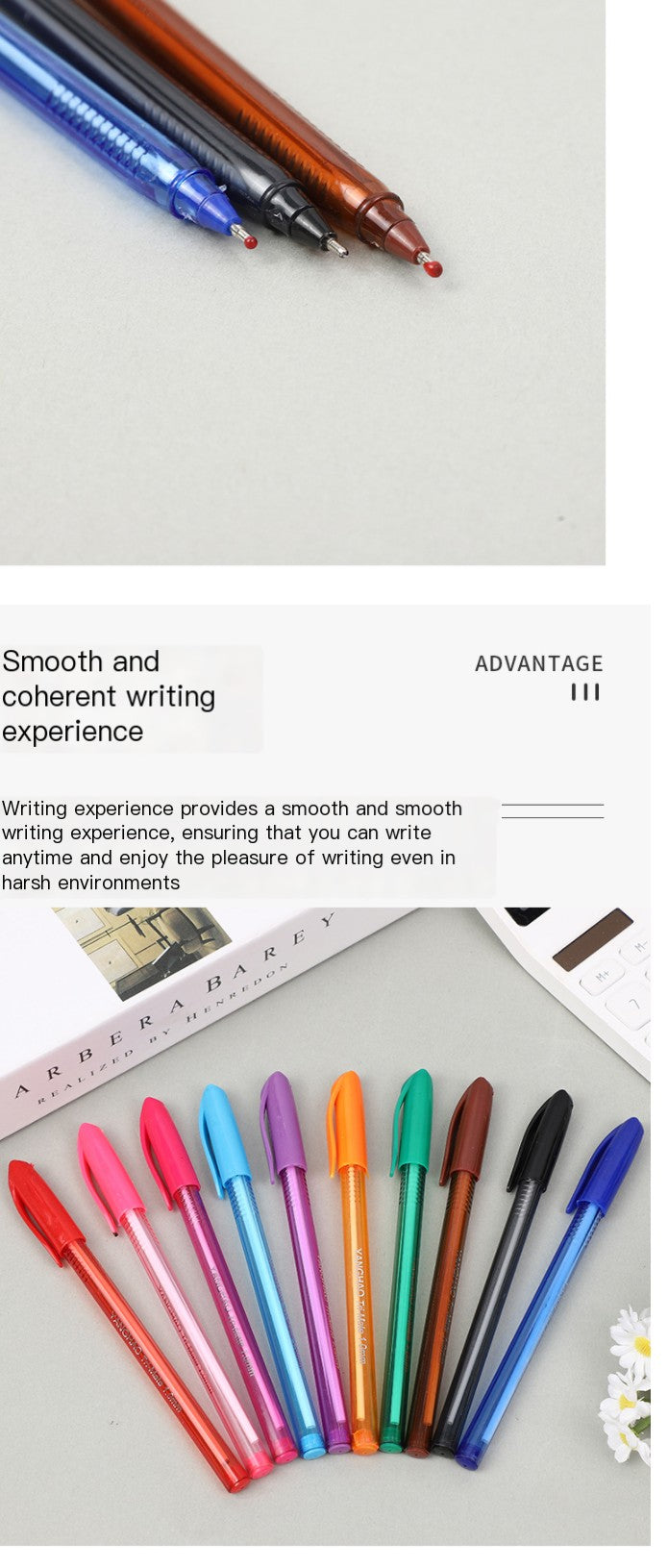 Pluma de bola transparente con tinta de colores