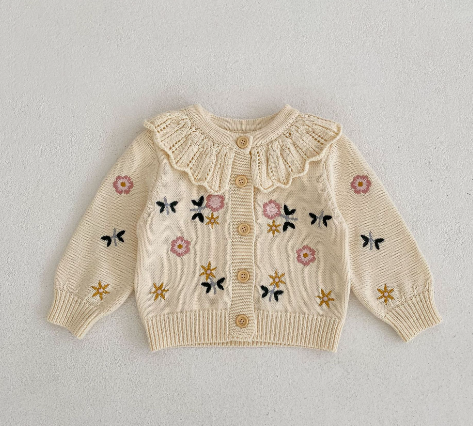 Cárdigan Rosie/Primavera para bebé niña, chaqueta de punto de algodón de manga larga con cuello de hoja de loto y bordado de flores