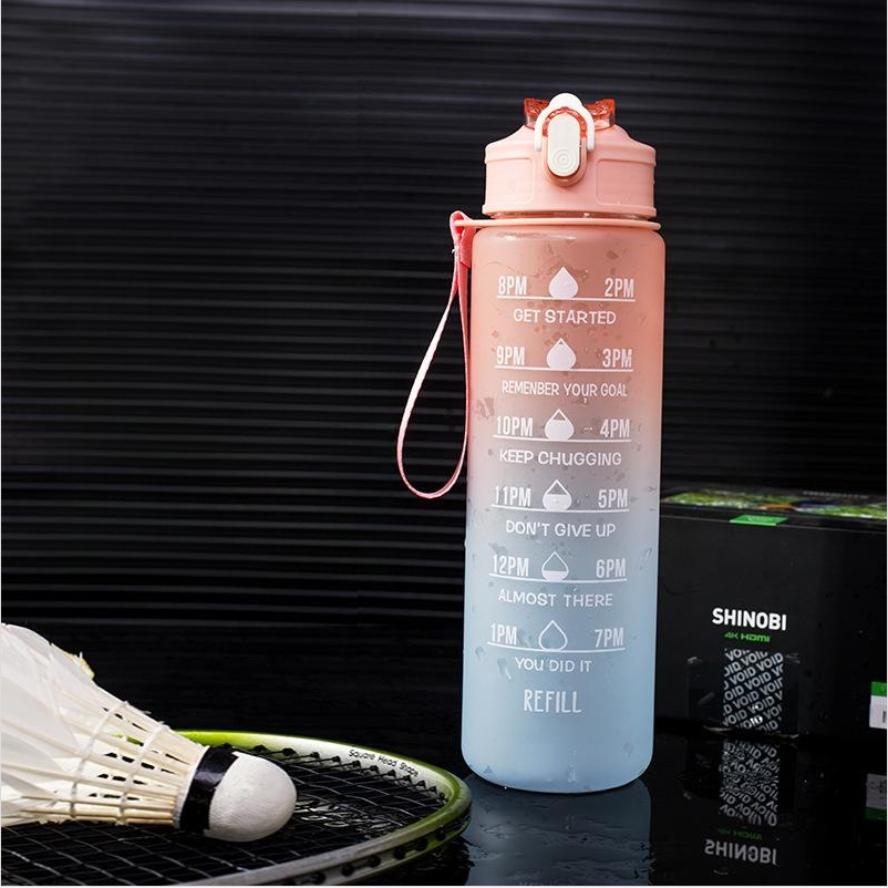 Termo Deportivo Plástico 900ML Gran Capacidad - Botella de Agua con Tapa de Rebote, Popote y Diseño Gradiente
