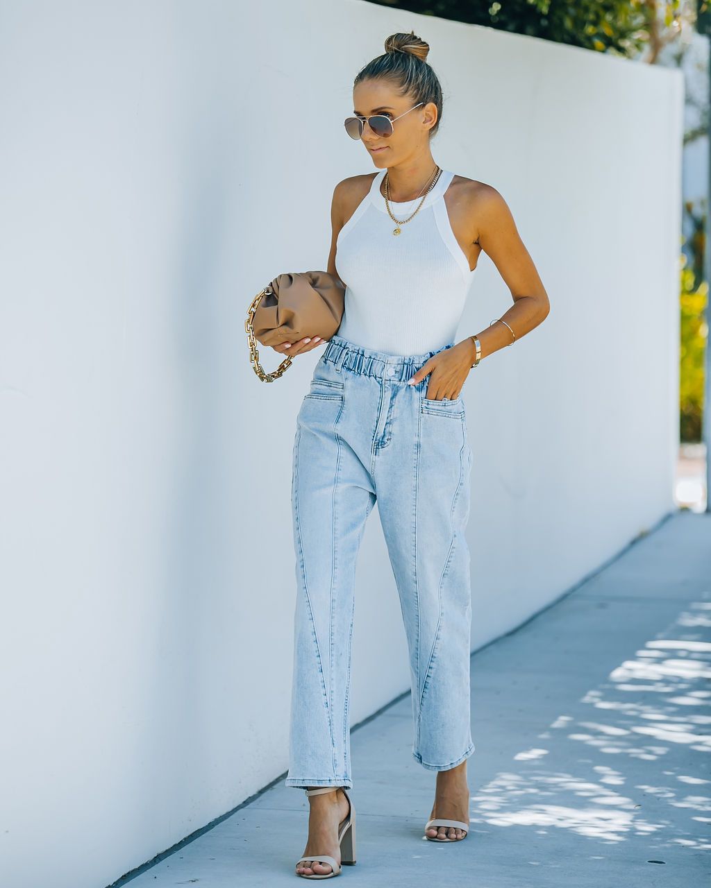 Pantalones vaqueros de cintura alta de color azul claro para viajeros con temperamento