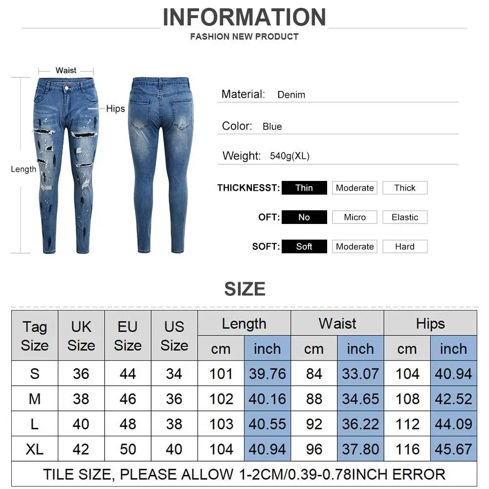 Pantalones vaqueros ajustados con agujeros y costuras rasgadas para hombre, diseño de moda, informales, con cremallera y agujeros