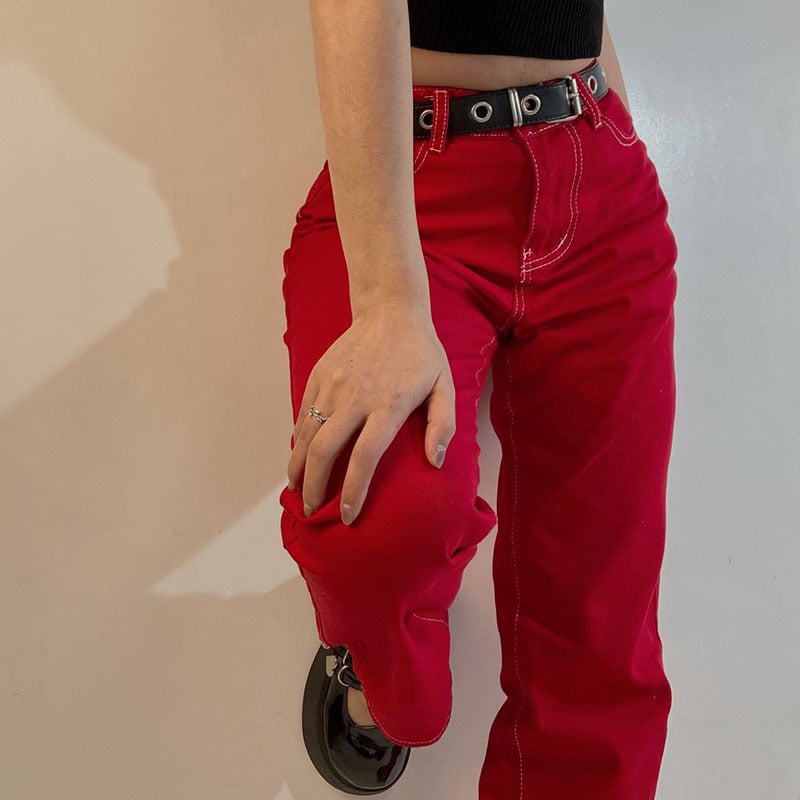 Pantalones casuales rectos de cintura alta estilo retro americano de color sólido nuevos