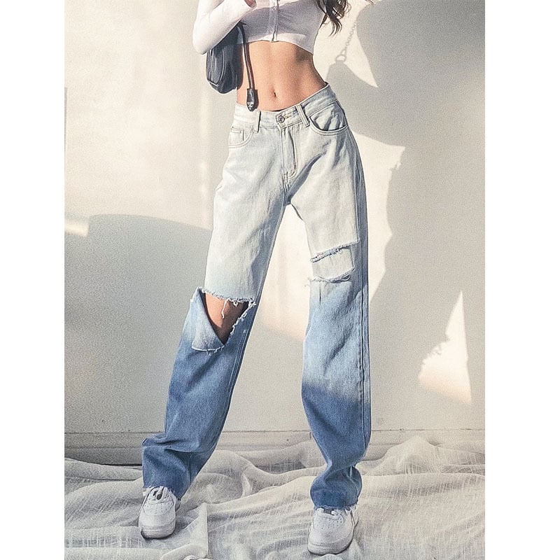 Vaqueros rectos, sueltos, deshilachados y con degradado de cintura alta para mujer