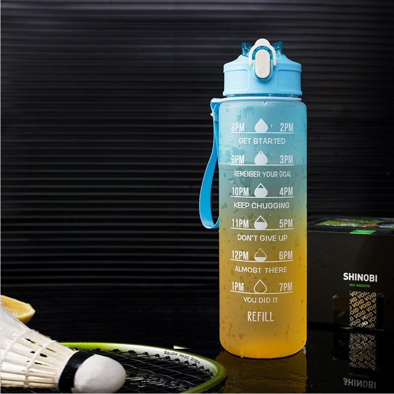 Termo Deportivo Plástico 900ML Gran Capacidad - Botella de Agua con Tapa de Rebote, Popote y Diseño Gradiente