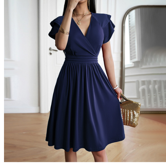 Vestido midi elegante con escote en V y temperamento moderno para mujer