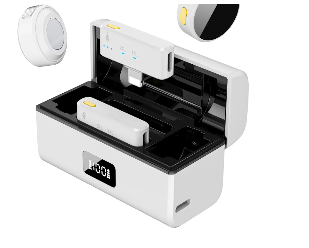 Micrófono inalámbrico clip con estuche de carga para celular