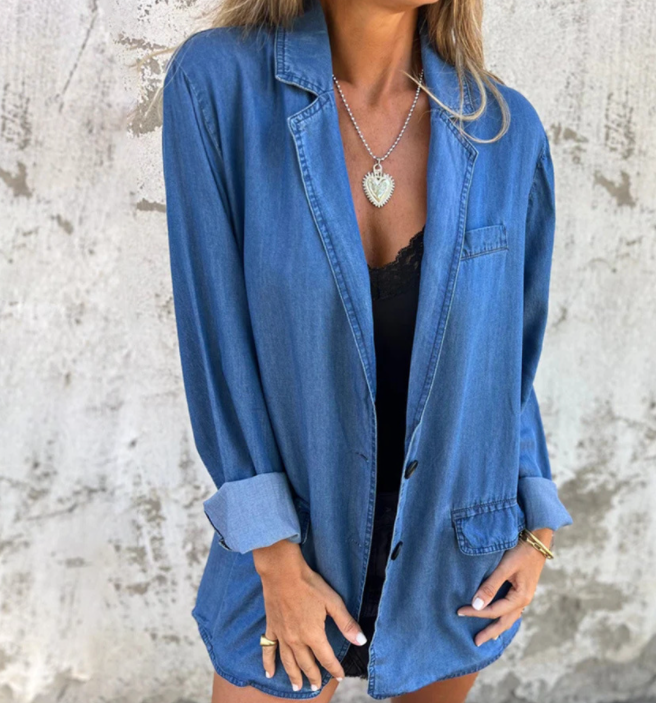 Chaqueta vaquera informal de manga larga para niña, de color liso, con bolsillos holgados