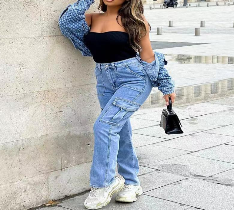 Vaqueros de cintura alta para mujer con cintura elástica y monos de pierna ancha.