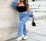 Vaqueros de cintura alta para mujer con cintura elástica y monos de pierna ancha.