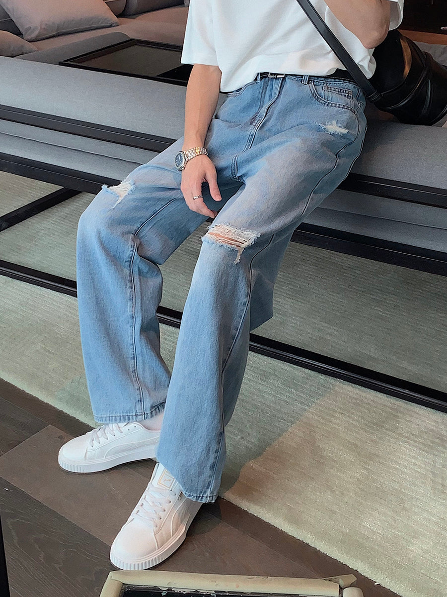 Vaqueros rectos holgados para hombre con rotos en las rodillas de estilo rufián