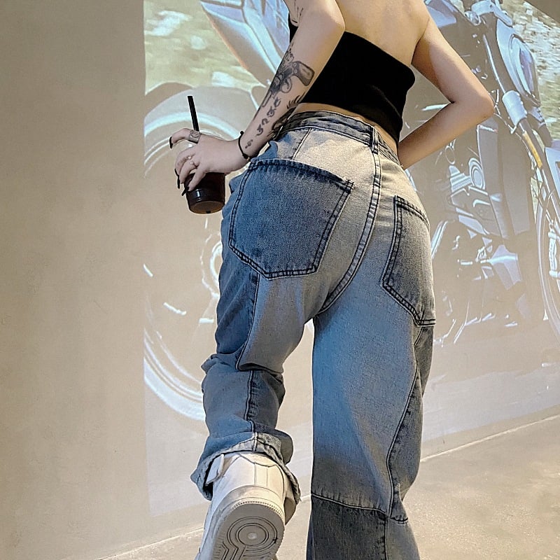 Vaqueros de cintura alta con bloques de color estilo retro para mujer