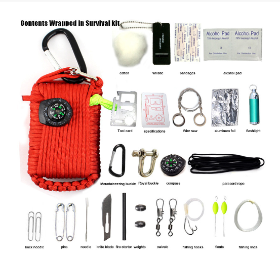 Bolsa de camping, kit de equipo de cuerda con paraguas de escalada, proceso tejido a mano, kit de autoayuda de emergencia para escape, suministros para exteriores