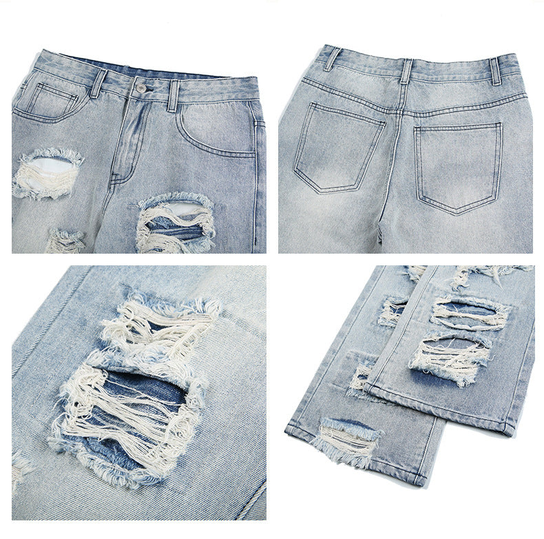 Vaqueros rectos irregulares y rotos de moda para hombre