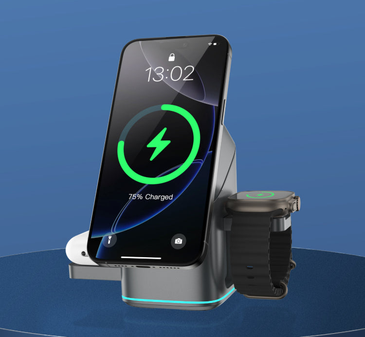 Cargador inalámbrico magnético 3 en 1 con base giratoria y carga rápida