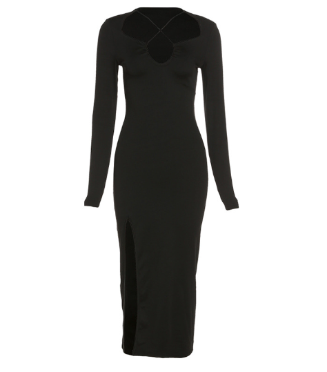 Dara: Vestido de moda para mujer, de manga larga, sexy, con escote bajo y abertura entallada.