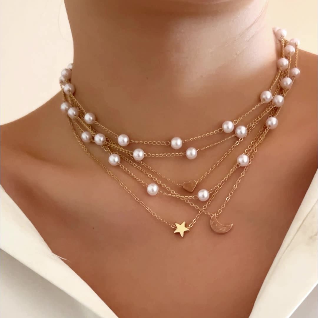 Set de 3 Collares Apilables "London" con Perlas de Imitación, Estrella y Geometría