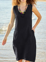 Vestido midi de lino y algodón de color puro con cuello en U