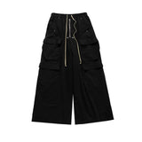 Pantalones cargo negros con cordón y pierna ancha estilo Ro, unisex, rectos, holgados e informales, ropa de calle para hombre