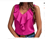 AMIRE: Blusa Sin Mangas Escote V Volantes