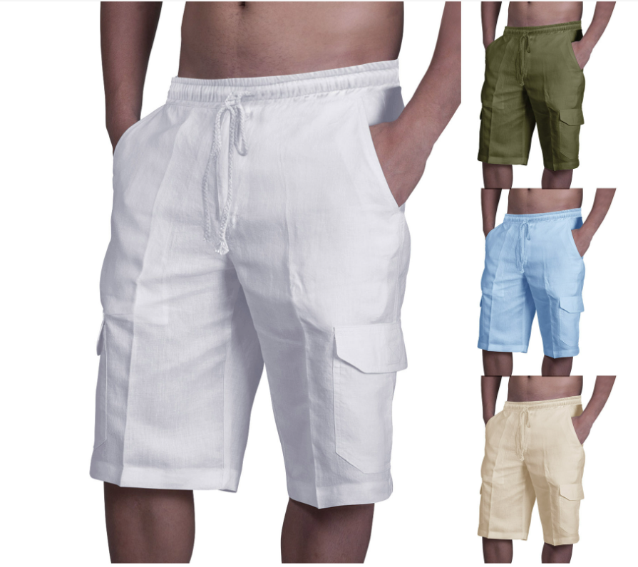 Pantalón corto de lino con varios bolsillos y pantalón de playa para hombre