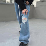 Pantalones holgados de cintura alta con lazo y rotos irregulares de hip hop para mujer