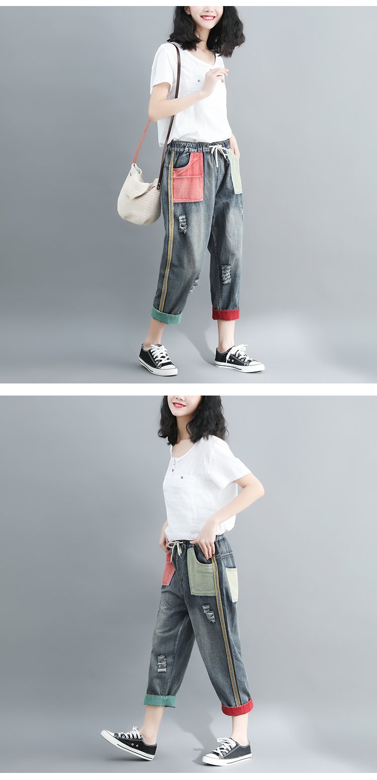 Pantalones vaqueros desgastados con contraste artístico de color, holgados e informales, para mujer, a juego con todo.