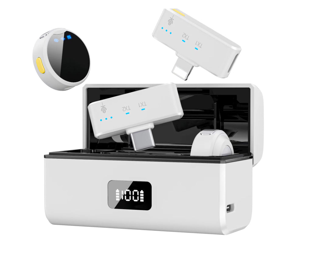 Micrófono inalámbrico clip con estuche de carga para celular