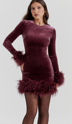 Vestido corto y ajustado, de manga larga con plumas