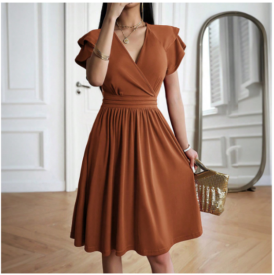 Vestido midi elegante con escote en V y temperamento moderno para mujer