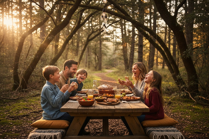 Familia comiendo en el bosque