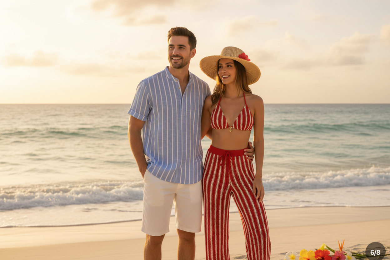 Pareja en la playa con ambos productos